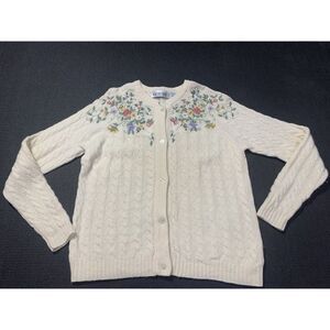 Vintage Together Sweater Women M Ivory Wool‎ Angora Cardigan Embroidered Floral